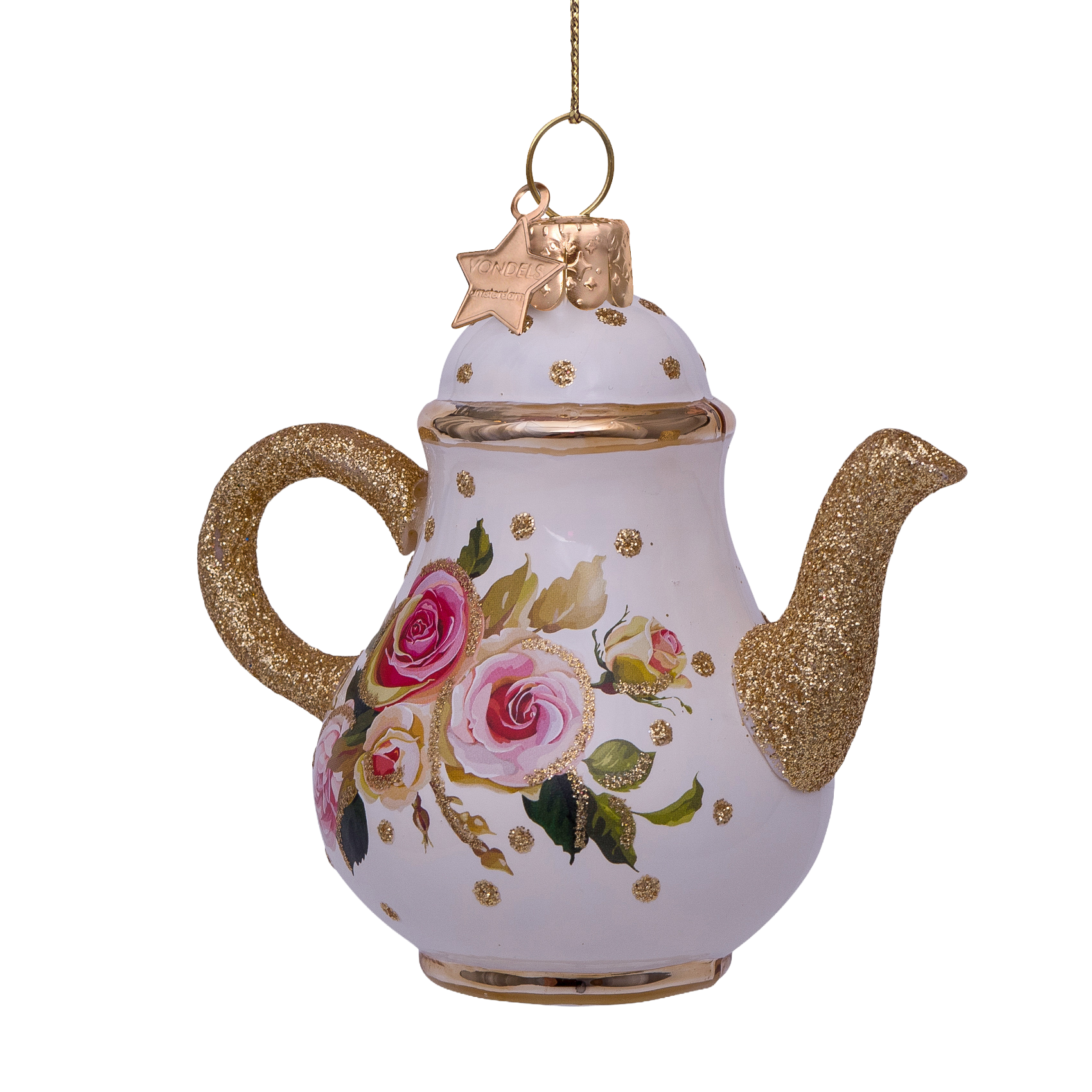 Kerst Ornament Theepot Wit met Bloemenprint - Vondels
