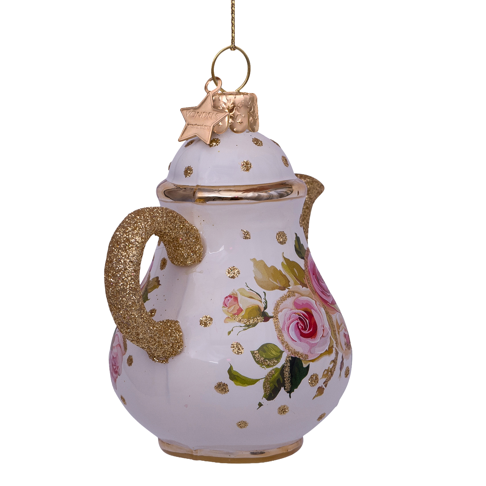 Kerst Ornament Theepot Wit met Bloemenprint - Vondels