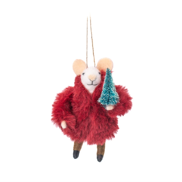 Kerst Ornament Muis in Bontjas met Boom Vilt – Sass & Belle