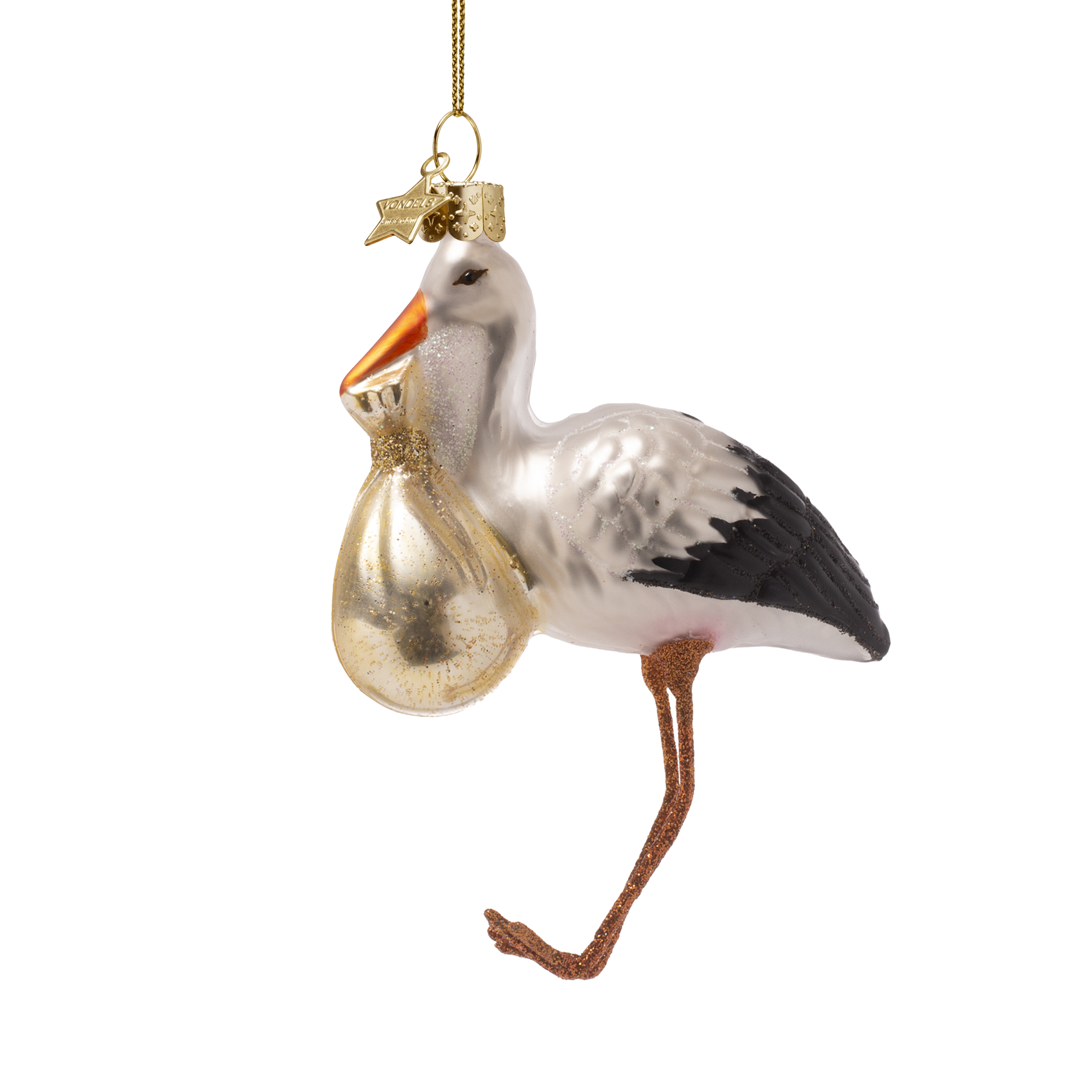 Christmas Ornament Stork with Baby Gold - Vondels