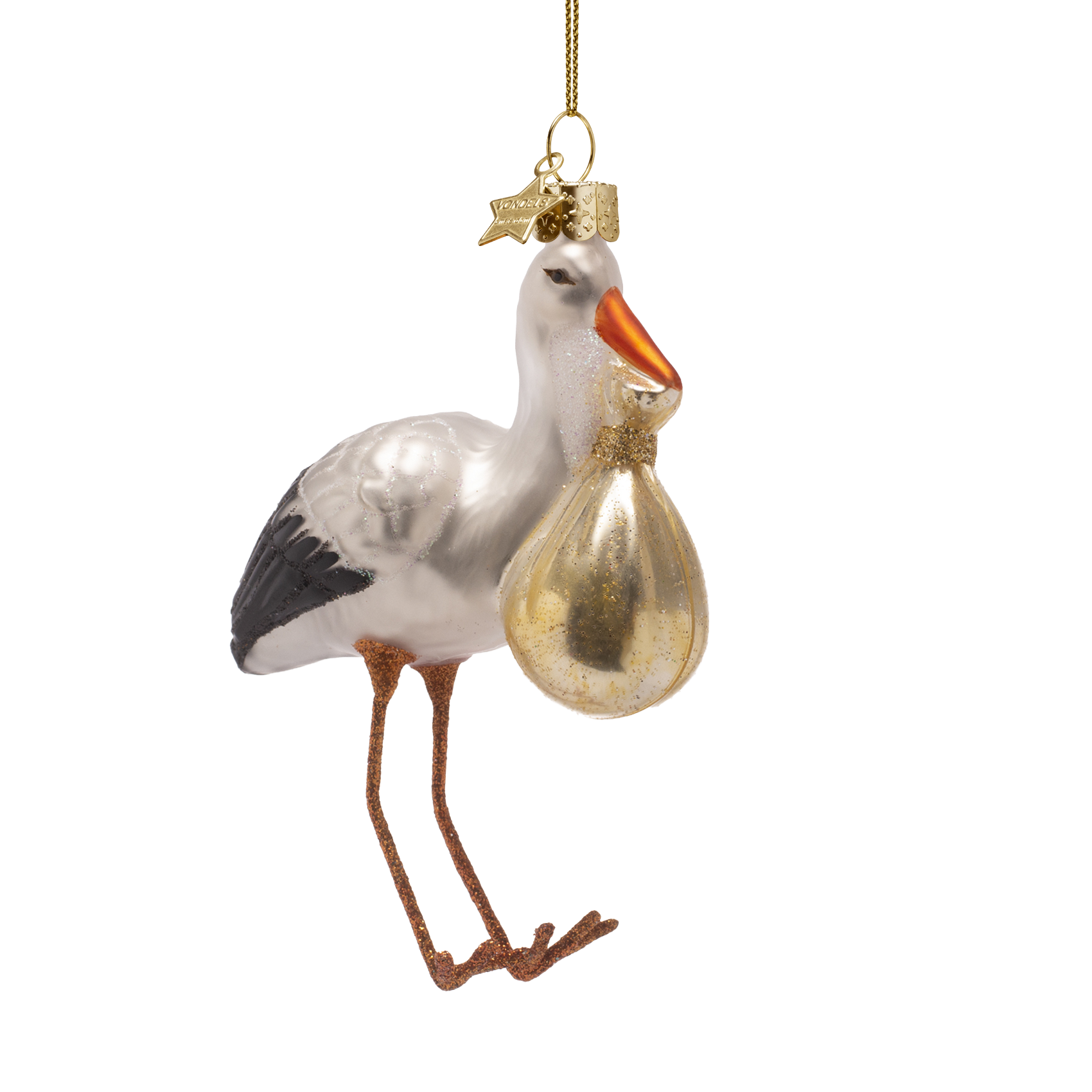 Christmas Ornament Stork with Baby Gold - Vondels